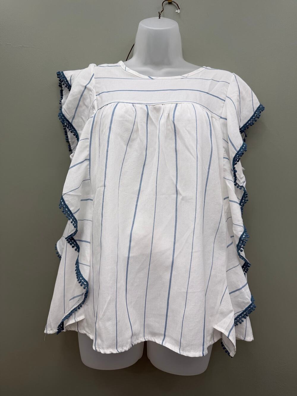 Listicle Striped Ruffle Blouse L White Blue Pom Pom Trim Babydoll Coastal